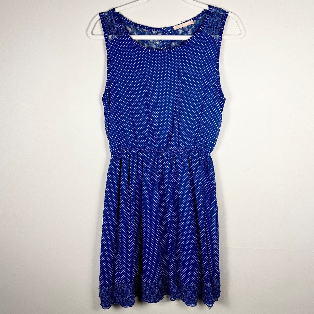 Blue and white polka dot lace back dress with elastic waist vintage